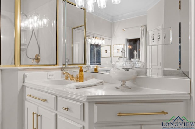 bathroom with vanity and crown molding