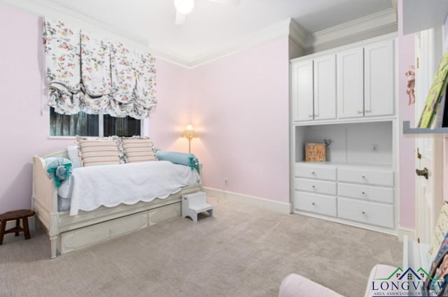 bedroom featuring light colored carpet, ceiling fan, and crown molding