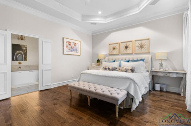 bedroom with a tray ceiling, crown molding, and dark hardwood / wood-style floors