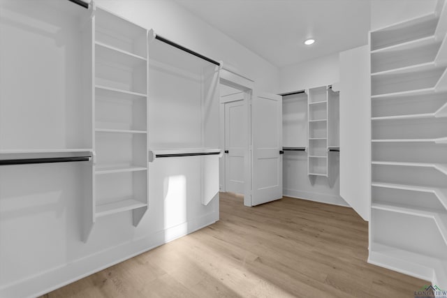 walk in closet with light wood-style floors