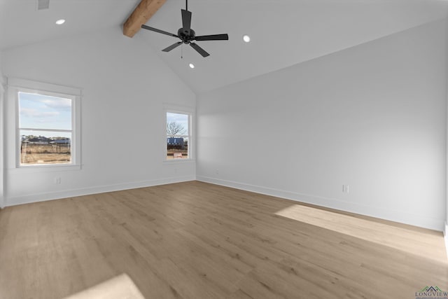 spare room with light wood-style floors, beamed ceiling, baseboards, and ceiling fan