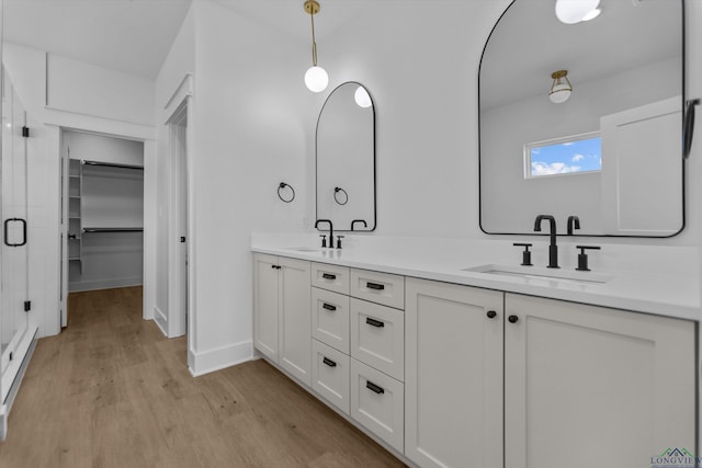 full bathroom featuring double vanity, a sink, a spacious closet, and wood finished floors