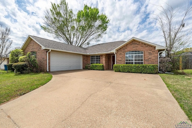 207 Willow Rd, Bullard, TX 75757 - ranch-style house featuring roof with shingles, driveway, a front lawn, brick siding, and a garage