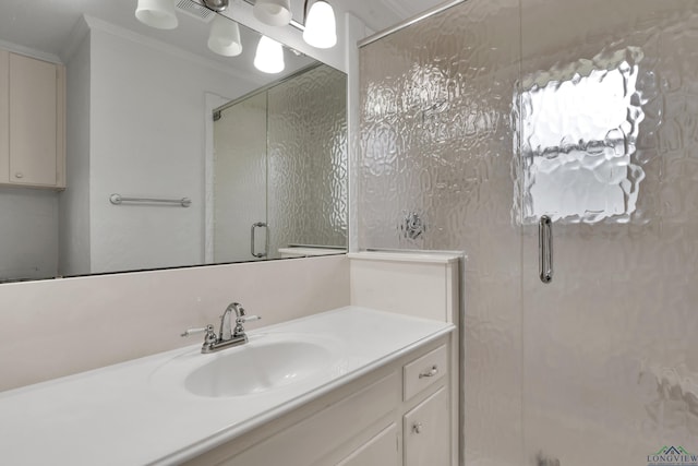 3897 Lansing Switch Rd, Longview, TX 75602 - bathroom with a stall shower, visible vents, vanity, and crown molding