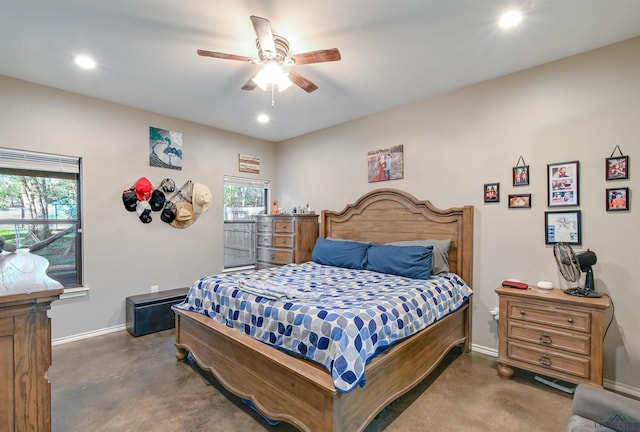 bedroom featuring concrete floors and ceiling fan