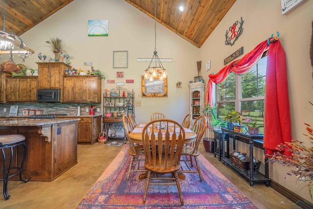 4754 Deer Rd, Gilmer, TX 75644 - dining room featuring high vaulted ceiling, a chandelier, wood ceiling, and recessed lighting