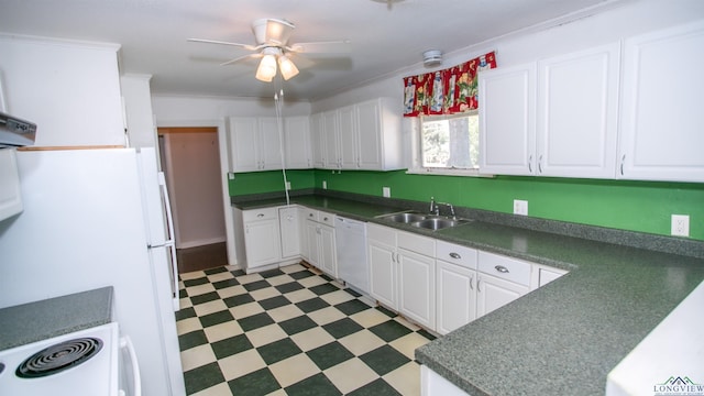 kitchen with white appliances, white cabinetry, ceiling fan, and sink