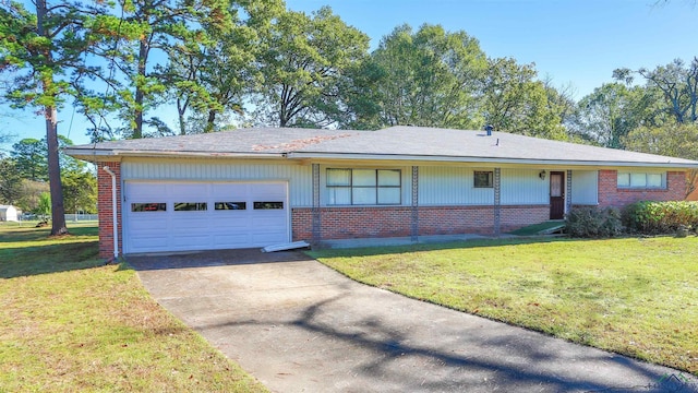 ranch-style house with a garage and a front yard