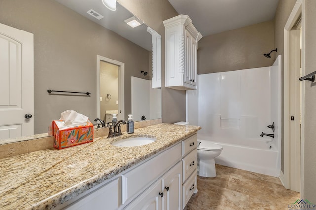 full bathroom with shower / bathing tub combination, vanity, and toilet