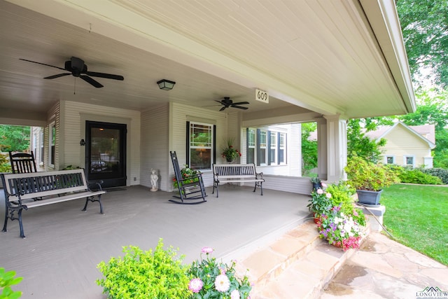view of patio featuring a ceiling fan and covered porch