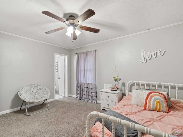 bedroom featuring carpet, a textured ceiling, ceiling fan, and ornamental molding