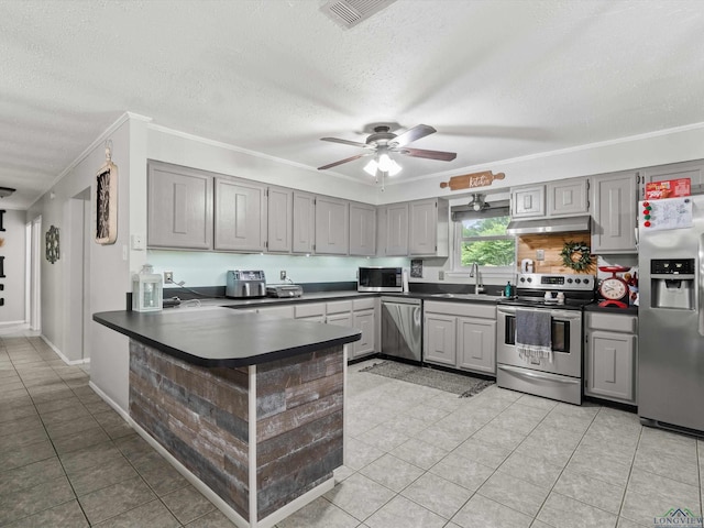 kitchen featuring gray cabinetry, sink, a textured ceiling, kitchen peninsula, and stainless steel appliances