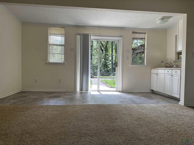 interior space featuring light carpet, crown molding, and a textured ceiling