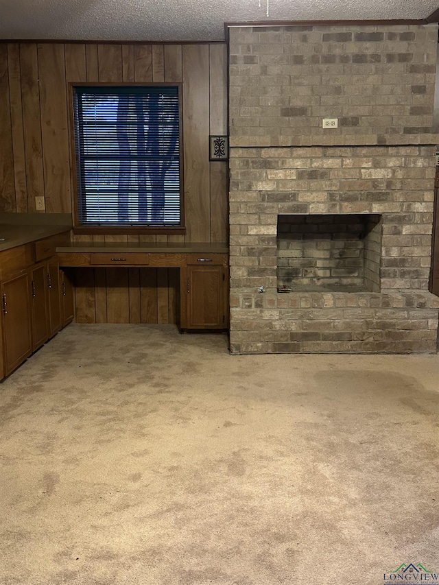 carpeted living room featuring wooden walls and a textured ceiling