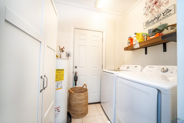 laundry area featuring light tile patterned flooring, washing machine and clothes dryer, ornamental molding, and gas water heater