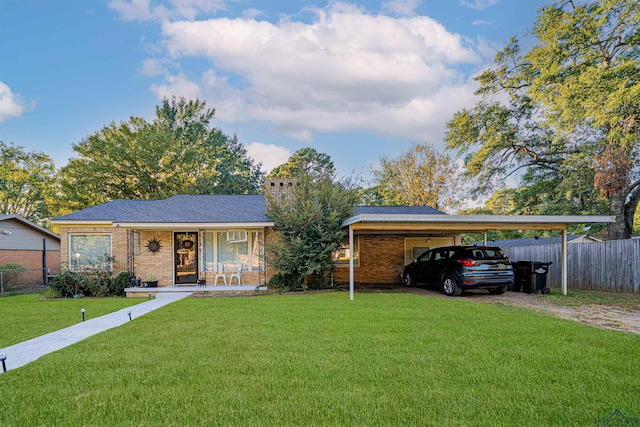 ranch-style house with a front yard and a porch