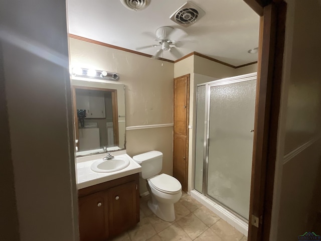 402 Mark Dr, Marshall, TX 75672 - bathroom with vanity, toilet, an enclosed shower, and ceiling fan