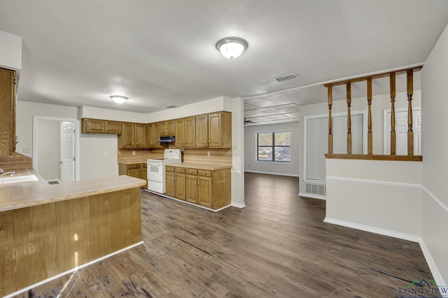 kitchen featuring sink, dark hardwood / wood-style flooring, kitchen peninsula, electric stove, and decorative backsplash