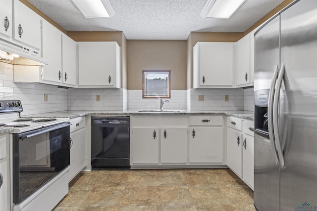 kitchen with stainless steel refrigerator with ice dispenser, white range with electric stovetop, sink, dishwasher, and white cabinetry