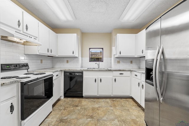 kitchen with white range with electric cooktop, dishwasher, stainless steel fridge, white cabinetry, and a sink