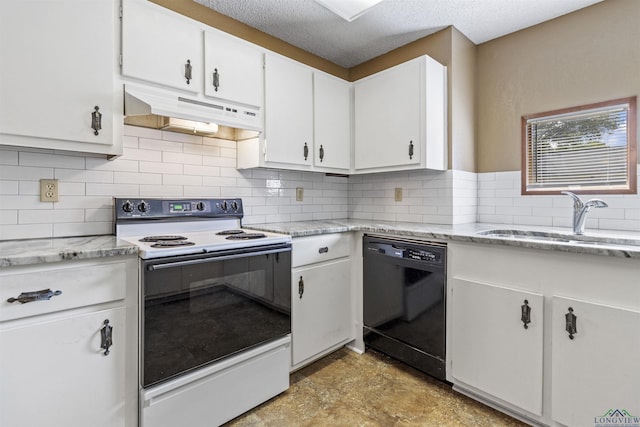 kitchen with white cabinetry, electric range, sink, black dishwasher, and tasteful backsplash