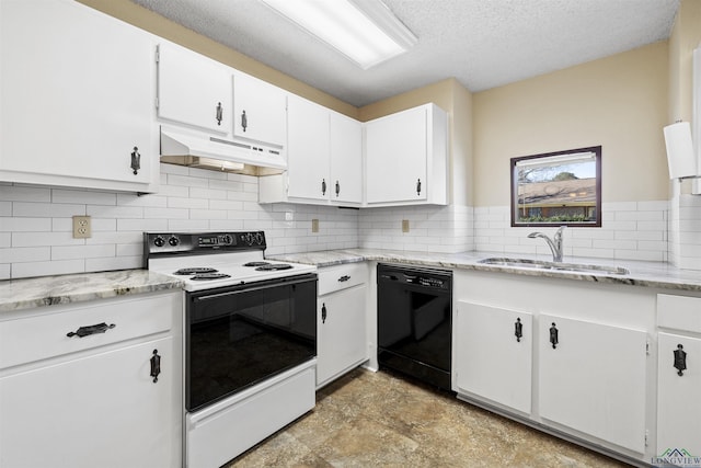 kitchen with electric range, a sink, black dishwasher, under cabinet range hood, and white cabinetry