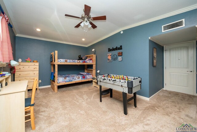 901 N Whatley Rd, White, TX 75693 - carpeted bedroom with ornamental molding, baseboards, recessed lighting, and ceiling fan