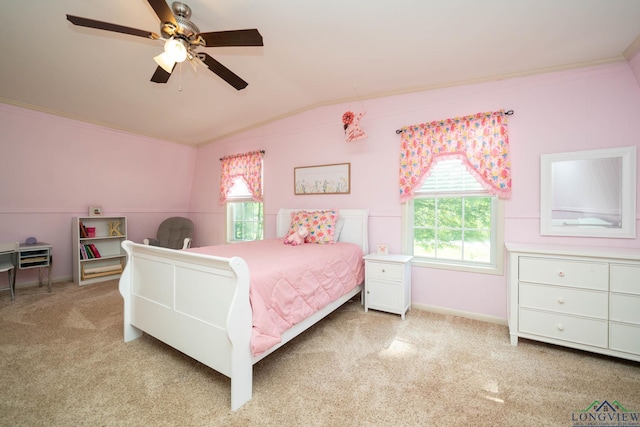 901 N Whatley Rd, White, TX 75693 - bedroom with lofted ceiling, crown molding, multiple windows, light carpet, and ceiling fan