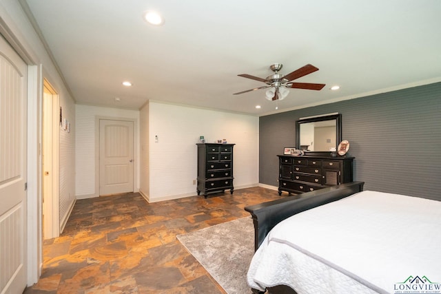 901 N Whatley Rd, White, TX 75693 - bedroom with dark stone finish flooring, baseboards, recessed lighting, a ceiling fan, and ornamental molding