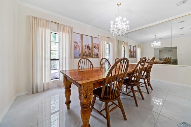 dining area with light tile patterned floors, baseboards, a chandelier, and crown molding