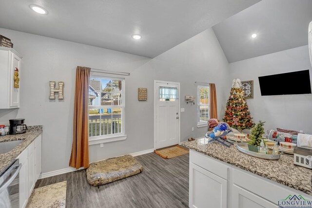 kitchen featuring light stone countertops, white cabinets, vaulted ceiling, dishwasher, and hardwood / wood-style floors