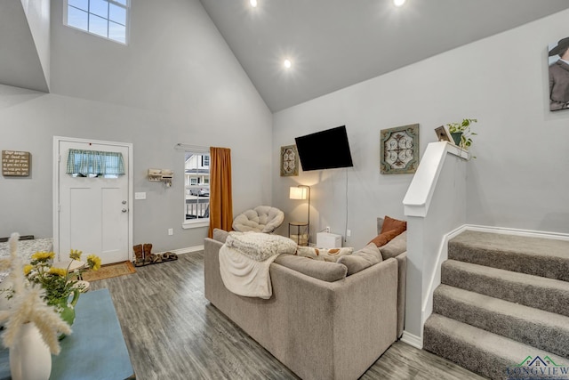 living room featuring hardwood / wood-style flooring and high vaulted ceiling