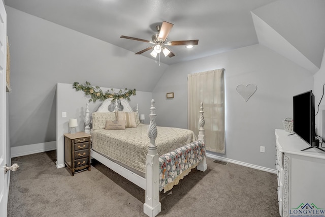 carpeted bedroom with ceiling fan and lofted ceiling