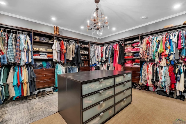 spacious closet featuring light carpet and an inviting chandelier