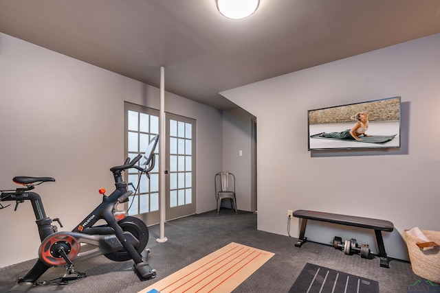 exercise room featuring dark colored carpet