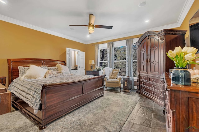 bedroom with ceiling fan and ornamental molding