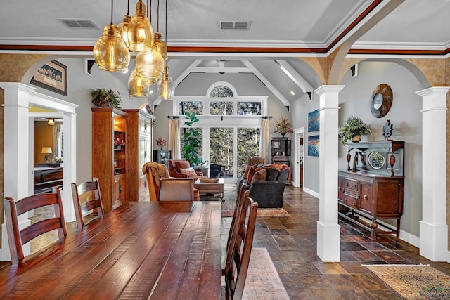 dining room with vaulted ceiling with beams, decorative columns, ceiling fan, and crown molding