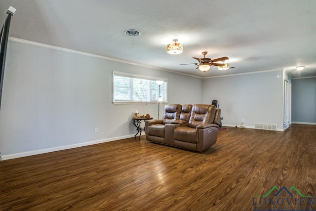 3610 Lakeshore Dr, Weatherford, TX 76087 - living room featuring a ceiling fan, crown molding, dark wood-style floors, and baseboards