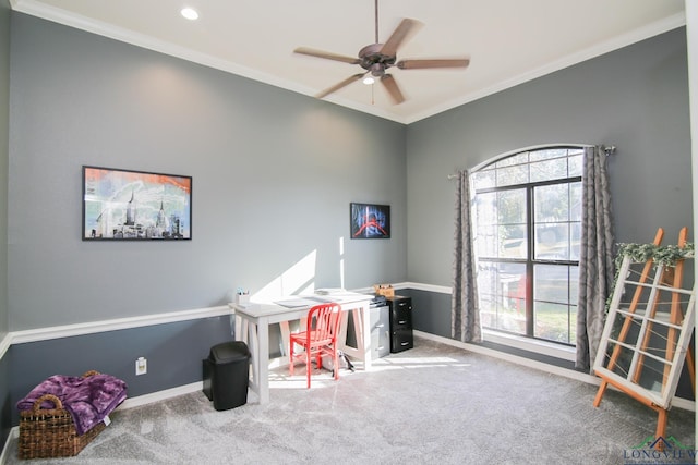 playroom with carpet floors, ceiling fan, and ornamental molding