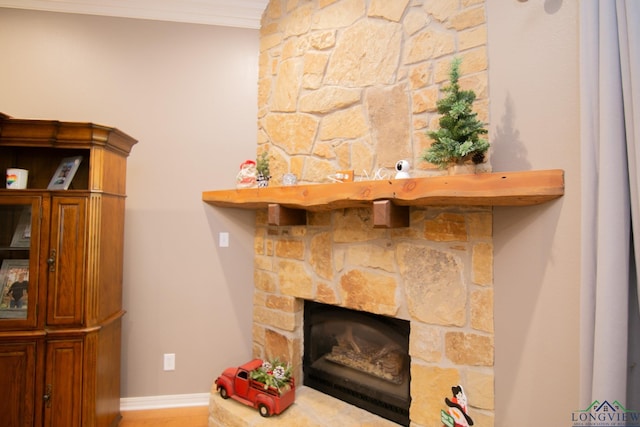 room details featuring a fireplace and ornamental molding