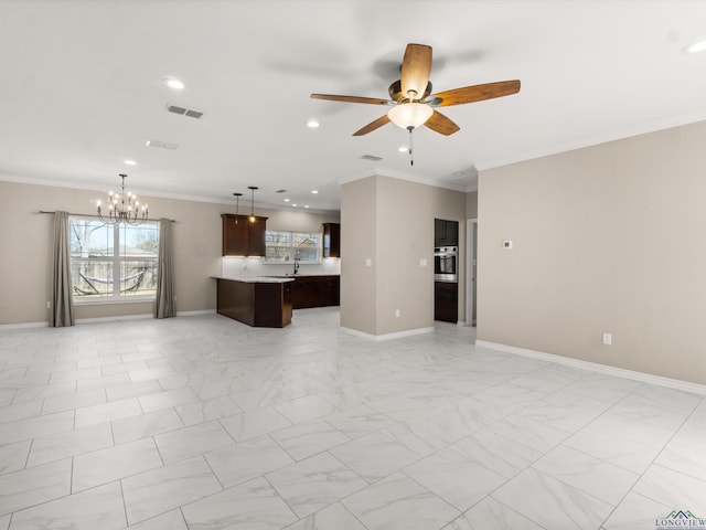 unfurnished living room with a wealth of natural light, crown molding, and ceiling fan with notable chandelier