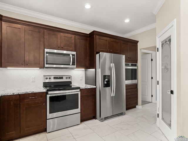 kitchen with light stone countertops, tasteful backsplash, appliances with stainless steel finishes, ornamental molding, and dark brown cabinetry