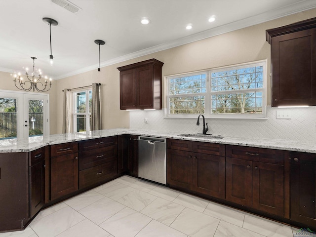 kitchen featuring sink, stainless steel dishwasher, decorative backsplash, hanging light fixtures, and light stone countertops