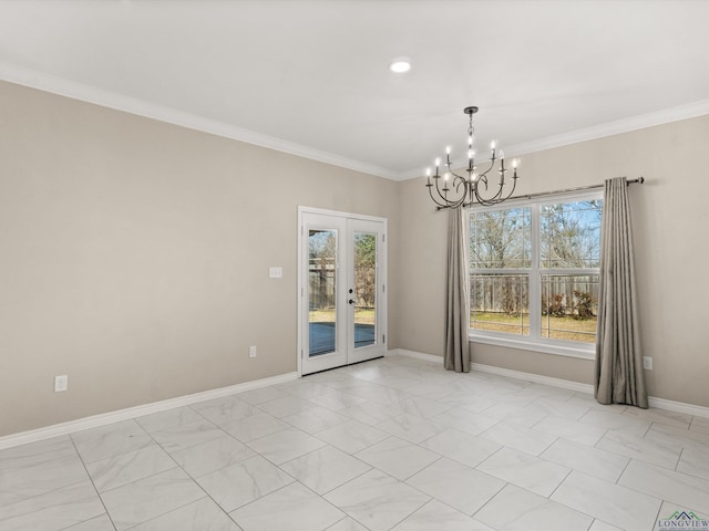 empty room featuring ornamental molding, french doors, a chandelier, and plenty of natural light