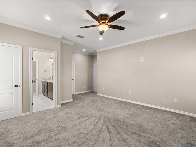 unfurnished bedroom featuring light carpet, connected bathroom, ceiling fan, and ornamental molding