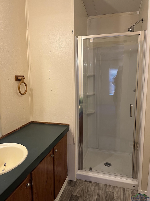 bathroom with hardwood / wood-style floors, vanity, and a shower with door