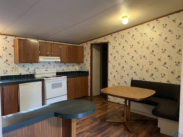 kitchen with lofted ceiling, dark hardwood / wood-style flooring, white appliances, and a textured ceiling