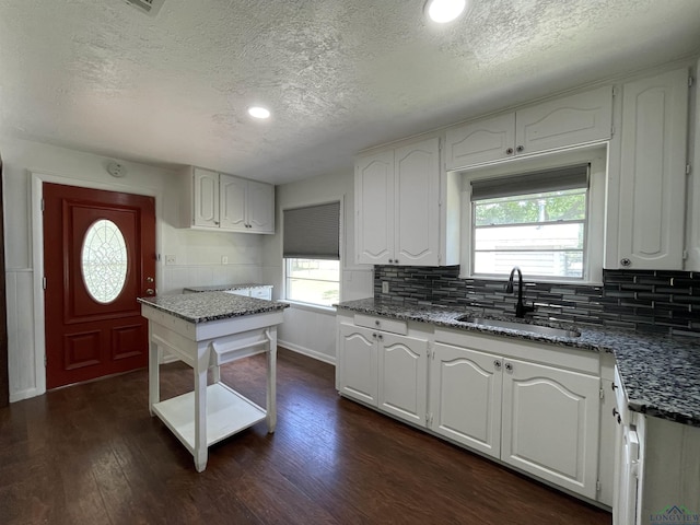 kitchen with a sink, a textured ceiling, dark wood finished floors, healthy amount of natural light, and tasteful backsplash