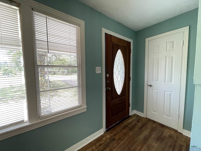 entryway with baseboards and dark wood-type flooring