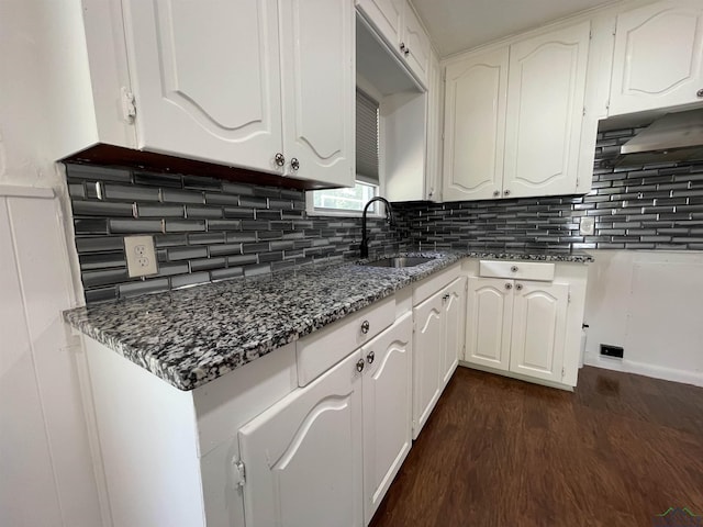 kitchen with a sink, dark stone countertops, dark wood-type flooring, and backsplash